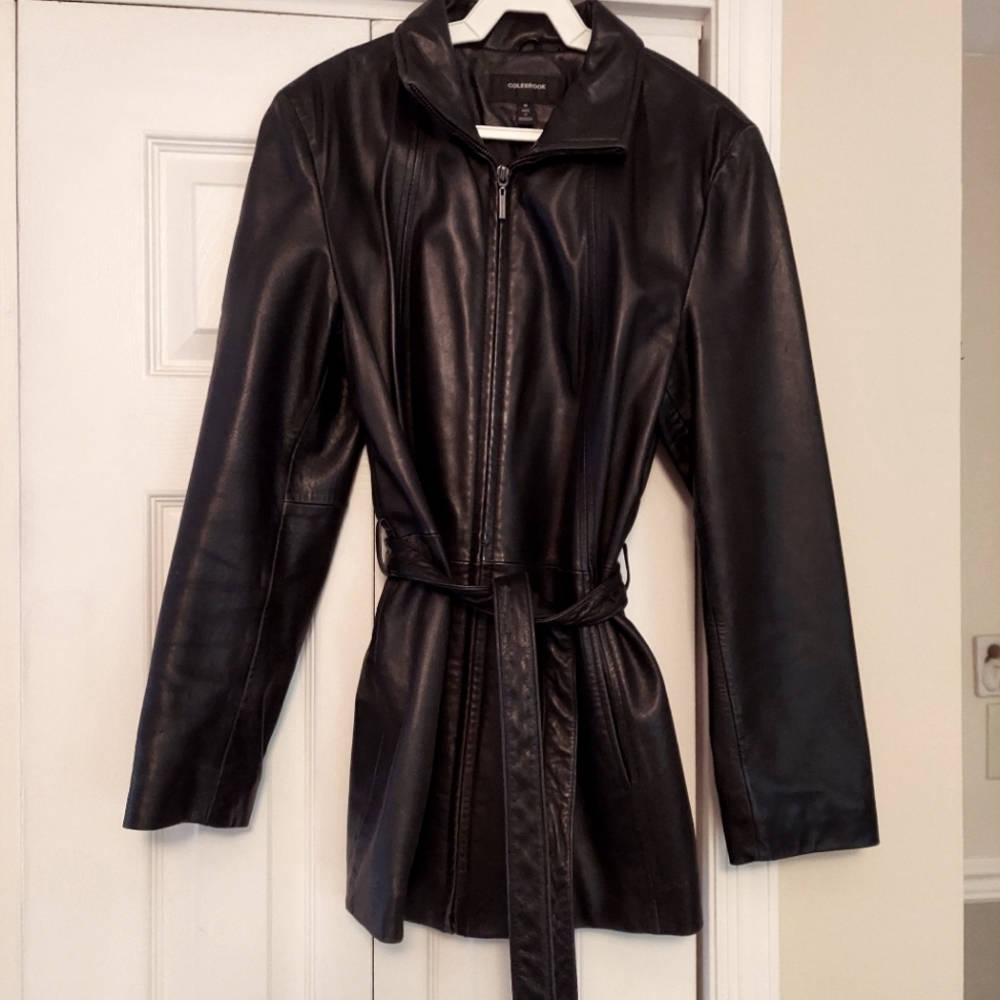 Soft black leather belted women's jacket